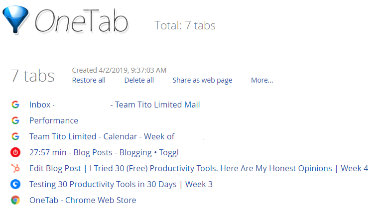 Productivity tools One Tab for Chrome