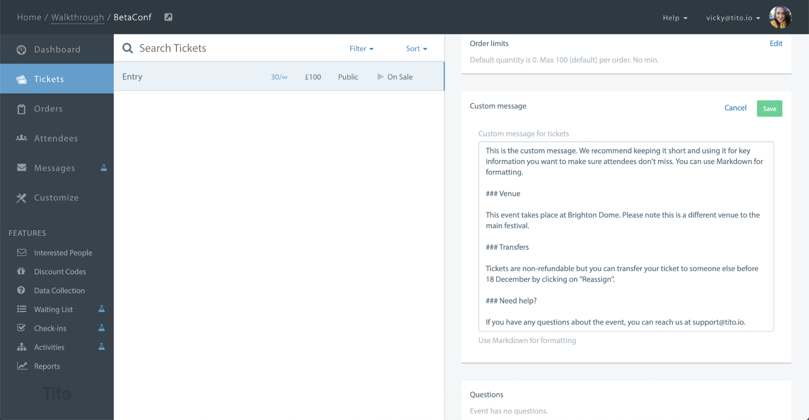 Custom message field at ticket level in Tito