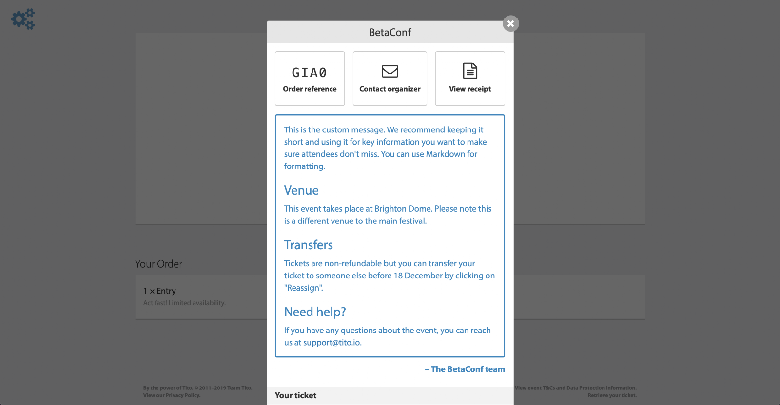 Custom message on the confirmation screen as part of the checkout process