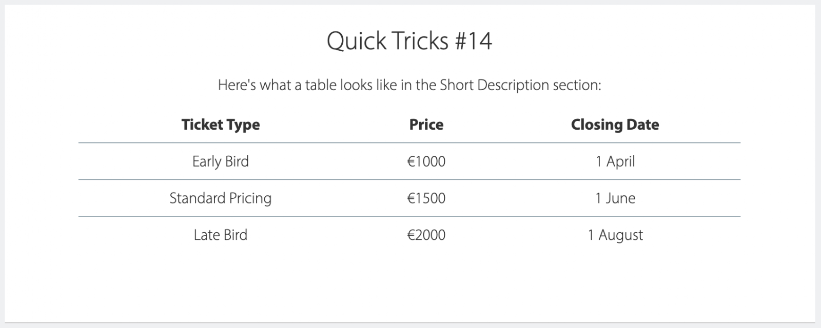 Markdown table example on the Tito event homepage