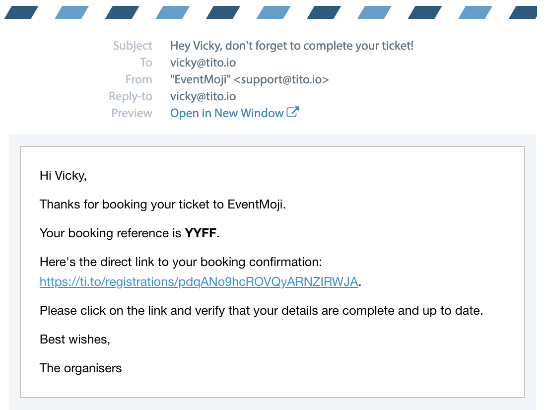 A preview of the attendee email  — the variables have been replaced with live data