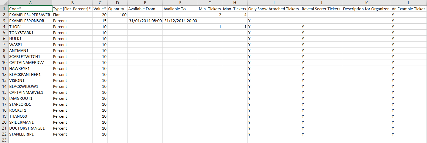 Individual Discount Codes CSV